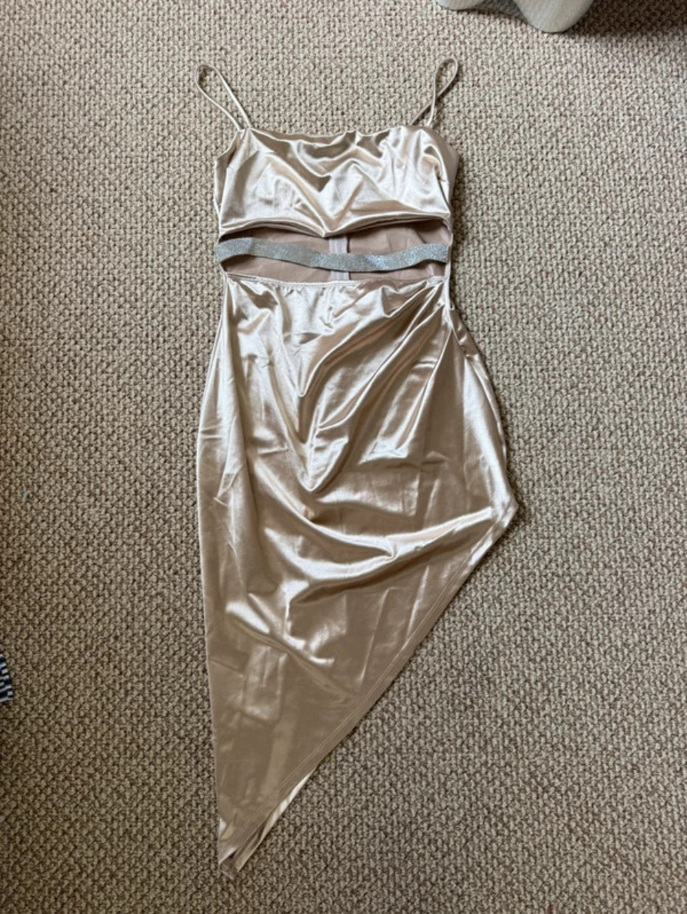 Gold satin dress with silver beaded midriff strap
